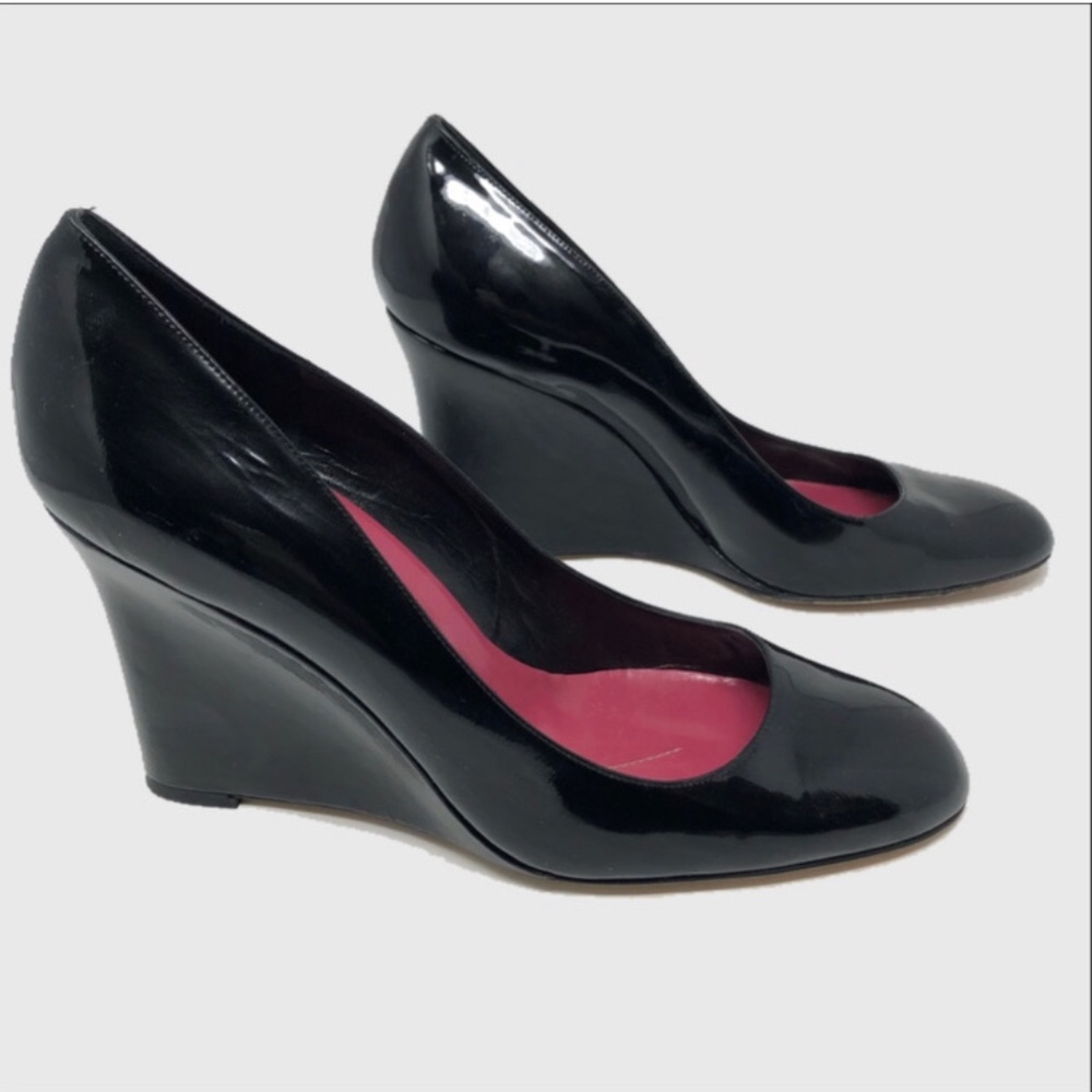 Kate Spade black patent leather Halle wedge heels